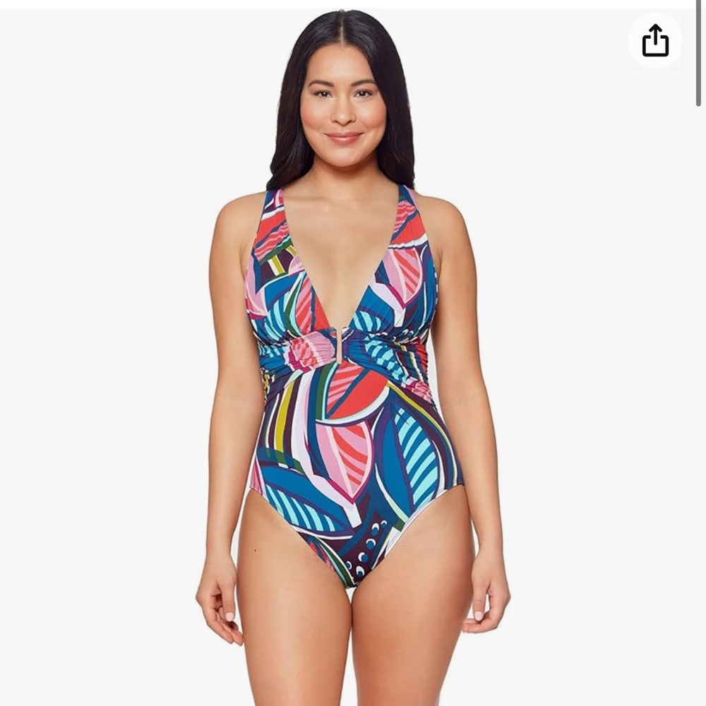 NWOT Women's Molded-Cup One-Piece Printed Plunge V-Neck Swimsuit size 14
